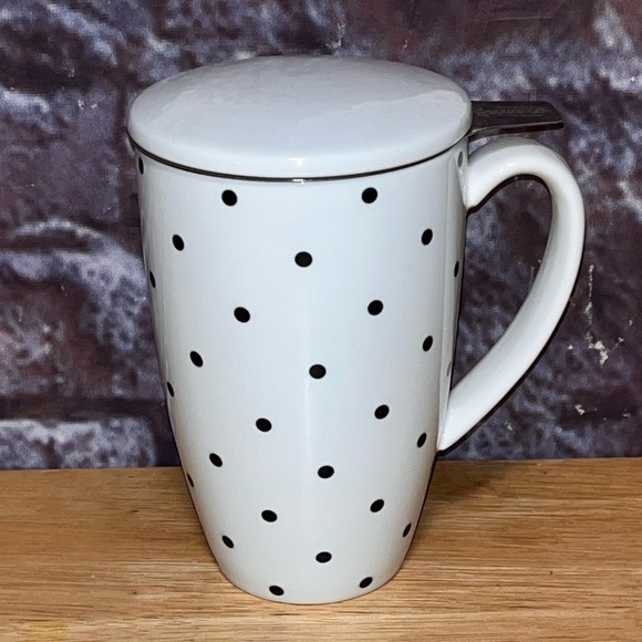 SOLD*** Sweese White Polka Dot Pocelin Tea Cup with Lid & Infuser 15oz Retired - Picture 3 of 13